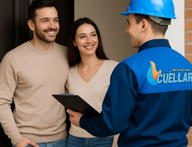 Técnico de Instalaciones Cuéllar hablando con clientes en la puerta de casa en la ciudad de Valencia.