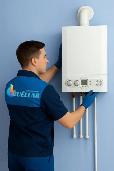 Técnico de Instalaciones Cuéllar revisando una caldera en una vivienda de Valencia, en servicio de urgencia